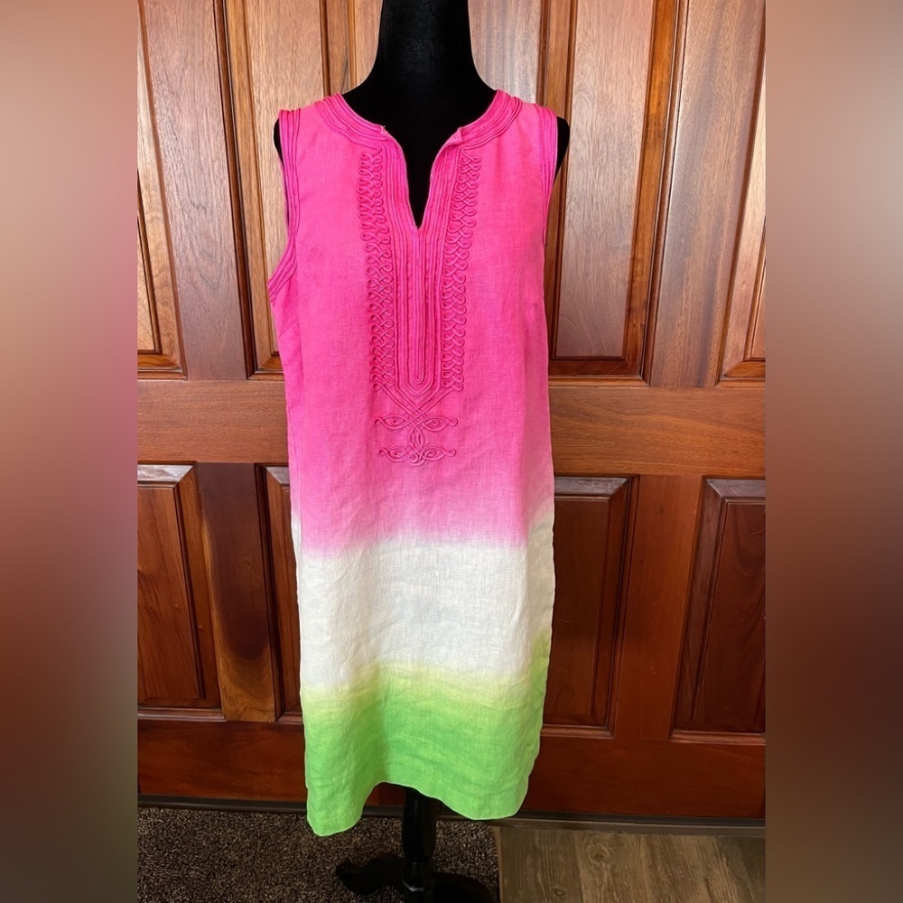 Michael Kors Shift Dress Pink White Green Ombre Linen Embroidered Resort Sz 10
